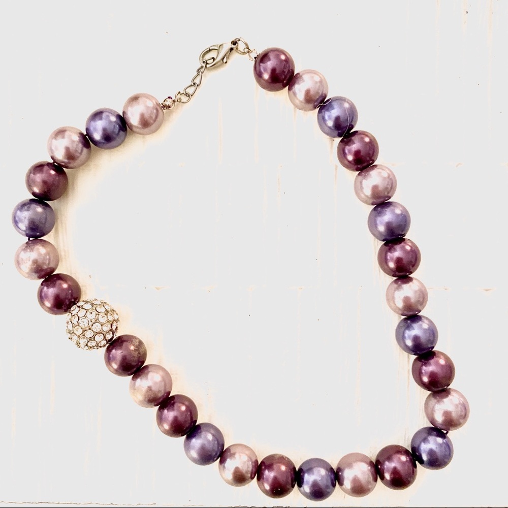 Round Purple Simulated Pearl Rhinestone Pave Bead Vintage Necklace Adjustable